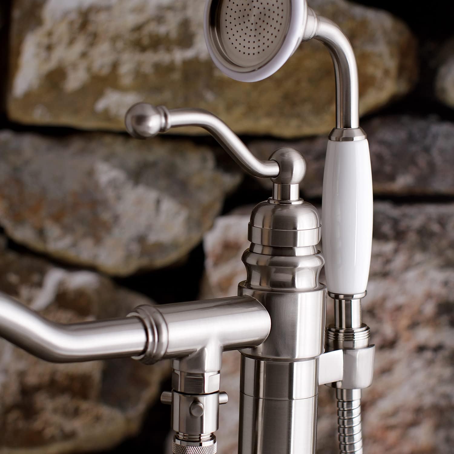 Kingston Brass KS7138ABL English Country Single Handle Freestanding Roman Tub Faucet with Hand Shower, Brushed Nickel