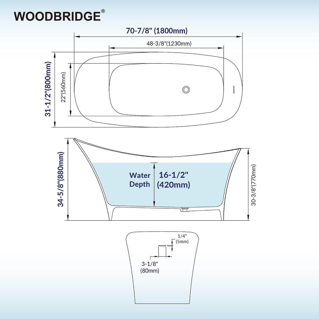 WOODBRIDGE 71' L x 31-1/2' W Luxury Contemporary Solid Surface Stone Resin Freestanding Bathtub in Matte White