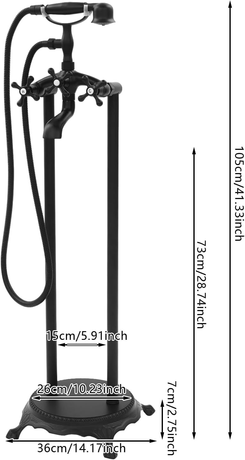Freestanding Bathtub Faucet with Hand Spray, Floor Mounted Tub Filler, Black Brass, 41.33 Inch Height, Modern Style