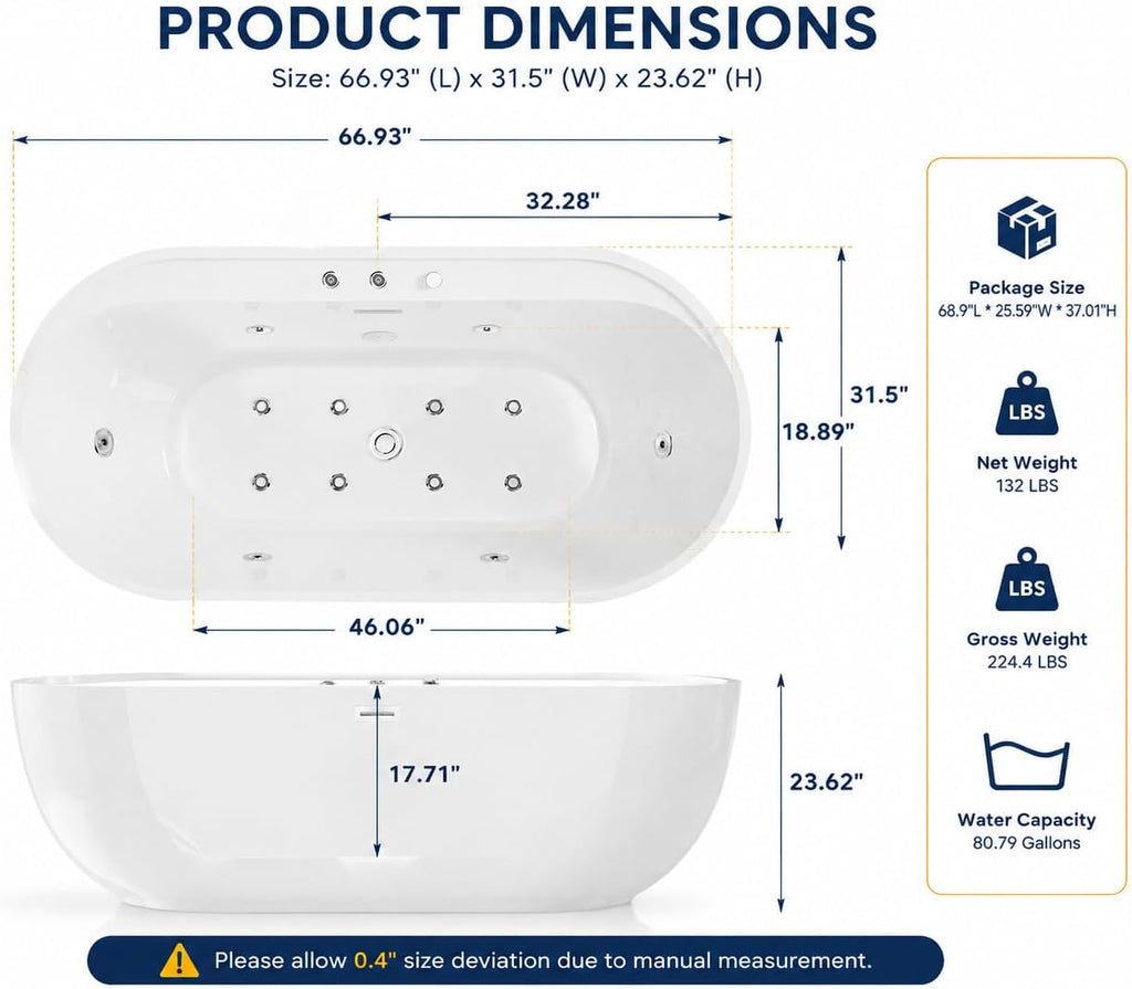 67x31.5 Inch Freestanding Jetted Whirlpool Bathtub | 6 Massage Jets, 8 Air Bubble System, Color-Changing LED Chromatherapy & Adjustable Hydro Massage (white-3)