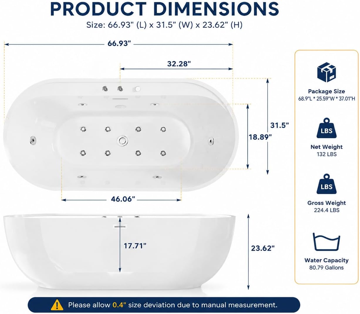 67x31.5 Inch Freestanding Jetted Whirlpool Bathtub | 6 Massage Jets, 8 Air Bubble System, Color-Changing LED Chromatherapy & Adjustable Hydro Massage (white-3)