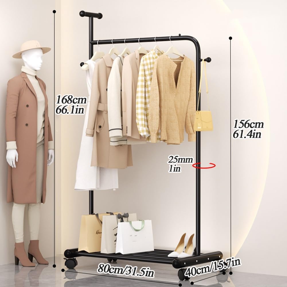 Industrial Clothes Garment Rack with Wheels, Clothes Rail with Bottom Shelf and Side Hooks, Rolling Clothing Rack for Hanging Clothes, Black, Load 176lbs (Color : Black, Size : 120x40x156cm)