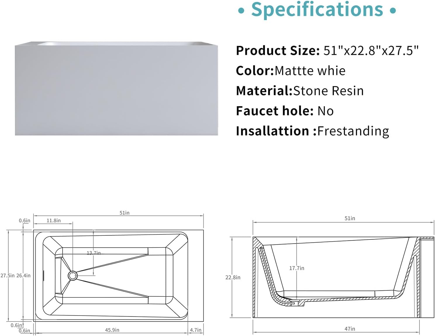 51'' Solid Surface Freestanding Bathtub, Stone Resin Stand Alone Soaking Tub, Modern Rectangular Freestanding Tubs with Overflow, Pop-up Drain, Thick Edge, Matte White
