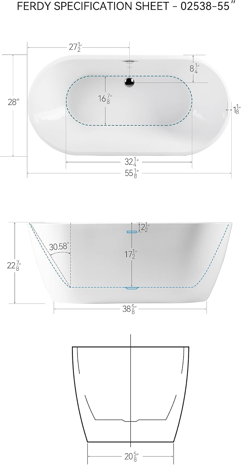 FerdY Nauru 55' Acrylic Freestanding Bathtub with Headrest, Gracefully Shaped Soaking Bathtub, Glossy White cUPC Certified, Toe-Tap Chrome Drain & Classic Slotted Overflow & Bath Pillow Included