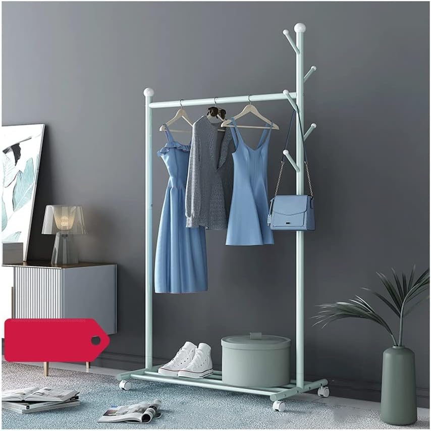 Single Rod Clothes Rack Small Rolling Clothing Garment Rack with Shelves for Hanging Clothes Heavy Duty Metal Wardrobe Rack Bedroom Storage Organizer Shelf (Green-86X43X170cm