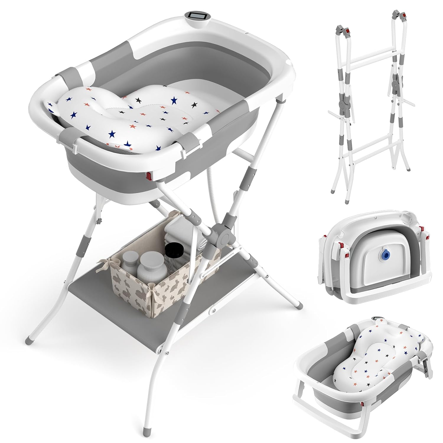 Baby Bathtub with Stand, 2-in-1 Collapsible Bath Tubs for Newborn to Toddler, Infant Bathtub with Folding Stand, Portable Bathtub for Baby Including Soft Cushion, Storage Pad (Gray)