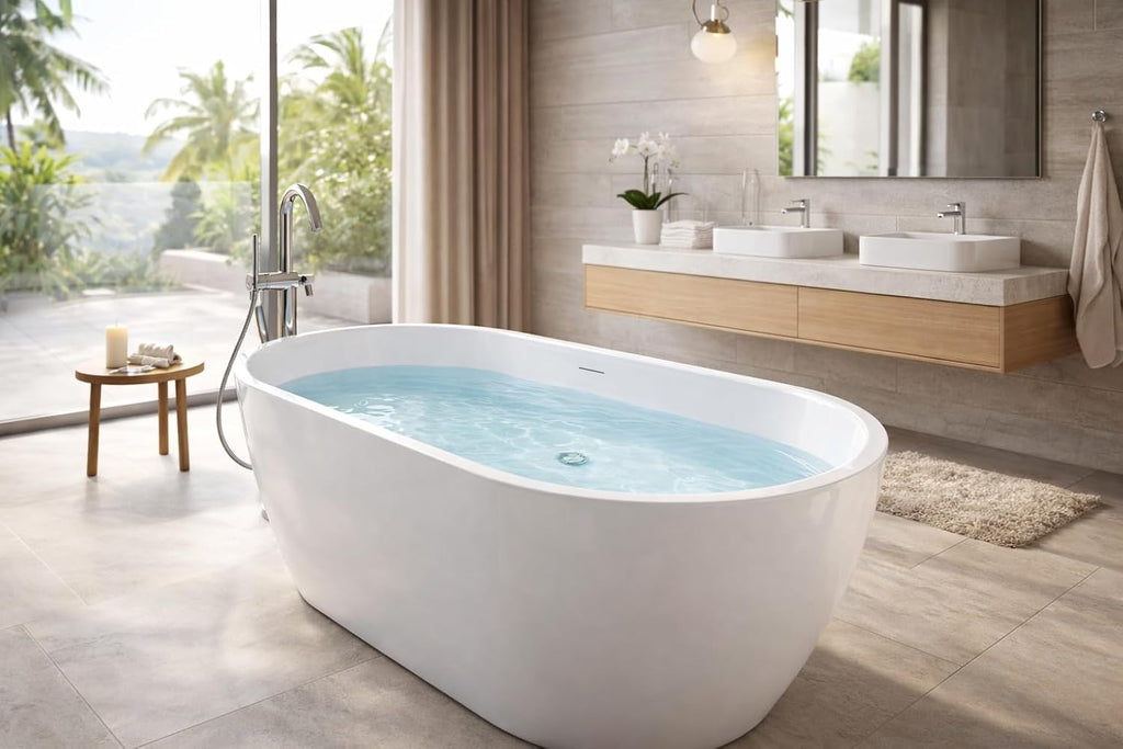 ANZZI 67 In Freestanding Acrylic Bathtub Flat Bottom Soaking Tub White Gloss Finish Integrated Overflow Modern Bathroom Mone Series 66.5 x 29.1 x 22.4 In Capacity 63.4 Gal | AMZFT903-67