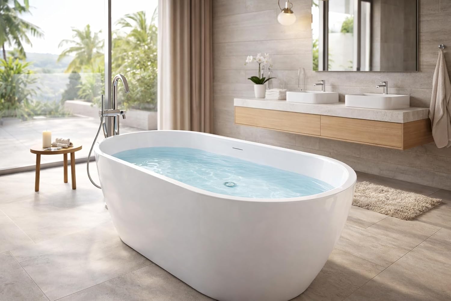 ANZZI 67 In Freestanding Acrylic Bathtub Flat Bottom Soaking Tub White Gloss Finish Integrated Overflow Modern Bathroom Mone Series 66.5 x 29.1 x 22.4 In Capacity 63.4 Gal | AMZFT903-67