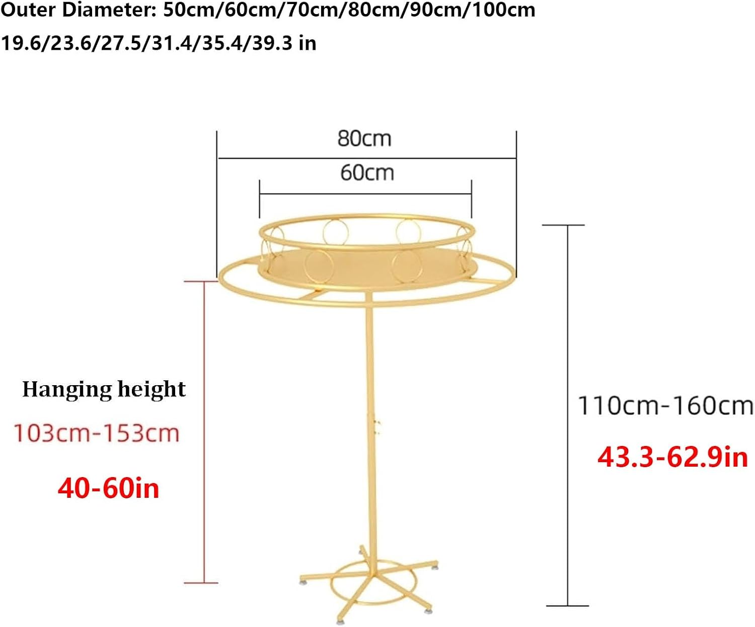 Freestanding Rotating Garment Rack, Round, Floor Standing Clothing Stand, 360° Rotating Retail Display Shelf, for Bedroom Boutique Commercial Shop(Gold,60cm)