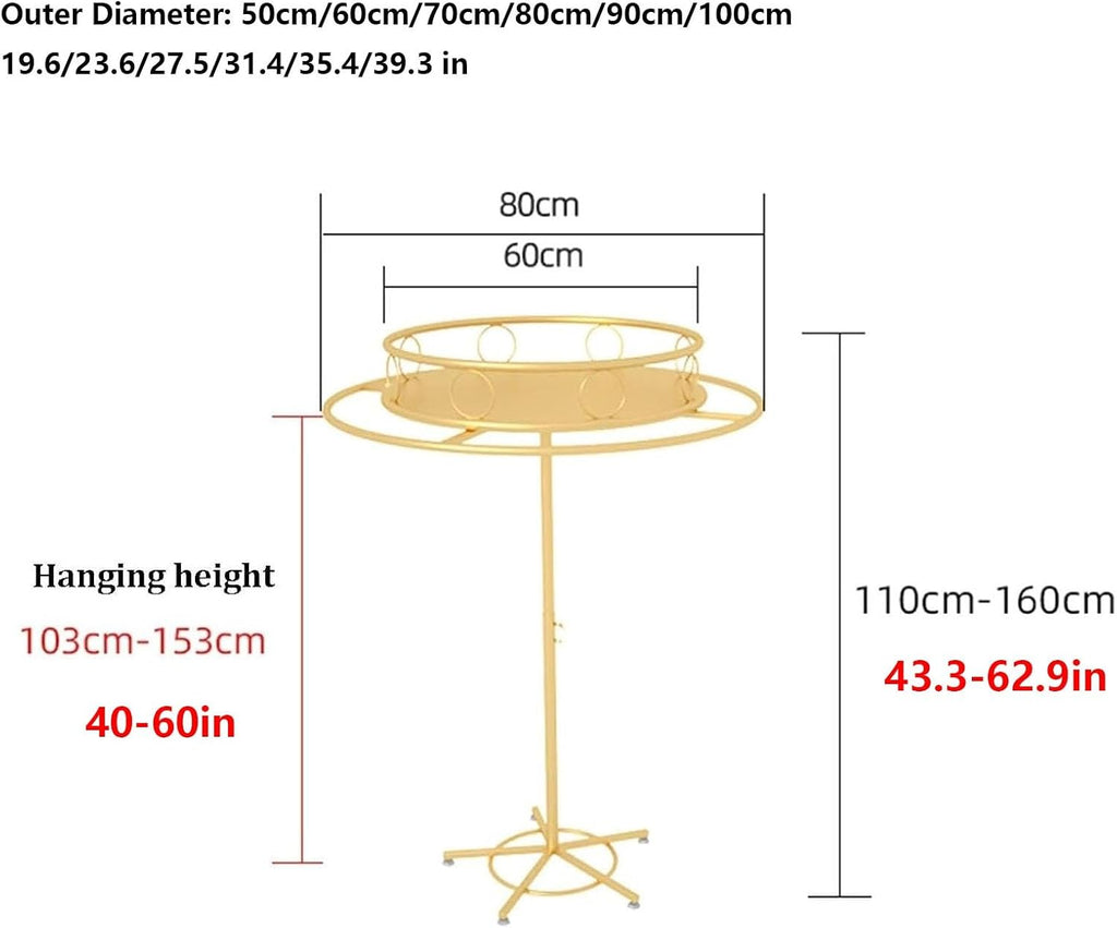 Heavy Duty Garment Rack with Top Shelf, Round, 360° Rotating, Floor Standing Clothing Display Stand, 360° Rotating, Multi-Purpose, for Bedroom Boutique Retail(Gold,50cm)