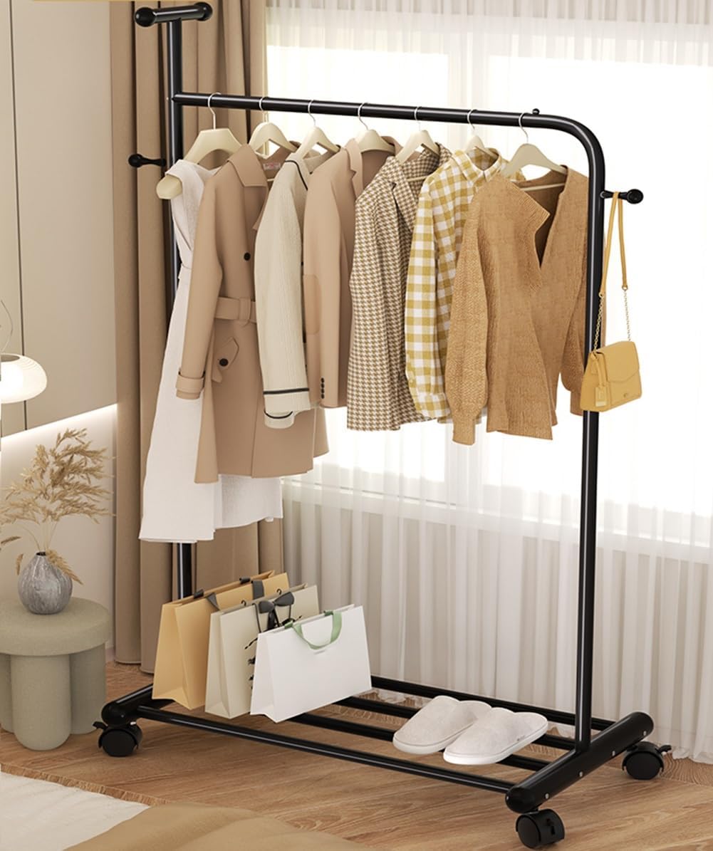 Industrial Clothes Garment Rack with Wheels, Clothes Rail with Bottom Shelf and Side Hooks, Rolling Clothing Rack for Hanging Clothes, Black, Load 176lbs (Color : Black, Size : 120x40x156cm)