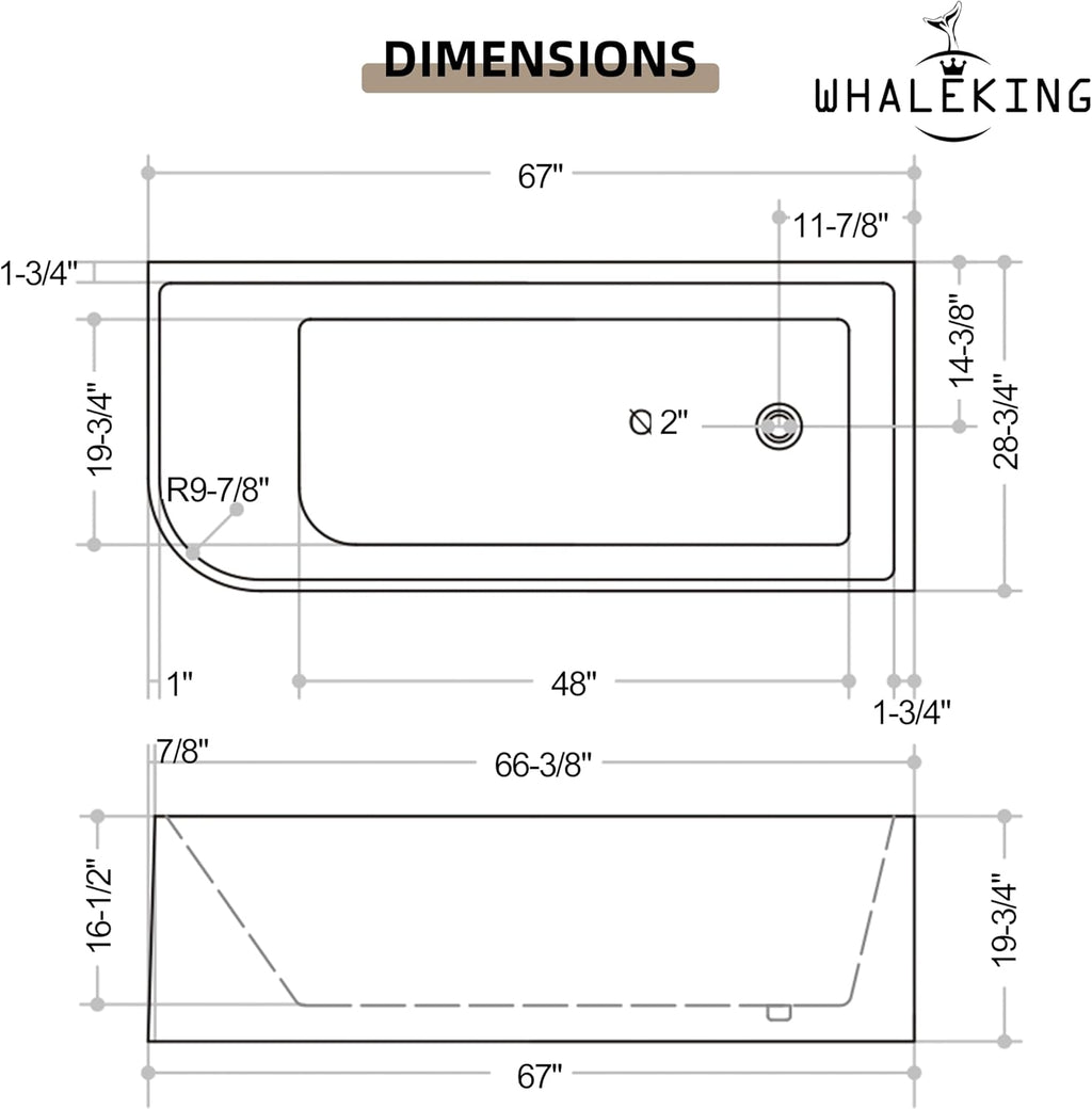 67 x 28 inch Corner Freestanding Tub Right Drain, Modern Stand Alone Deep Soaking Acrylic Bathtub with Right Hand Drain & Overflow, 67' L x 28-3/4' W Glossy White, Saving Space