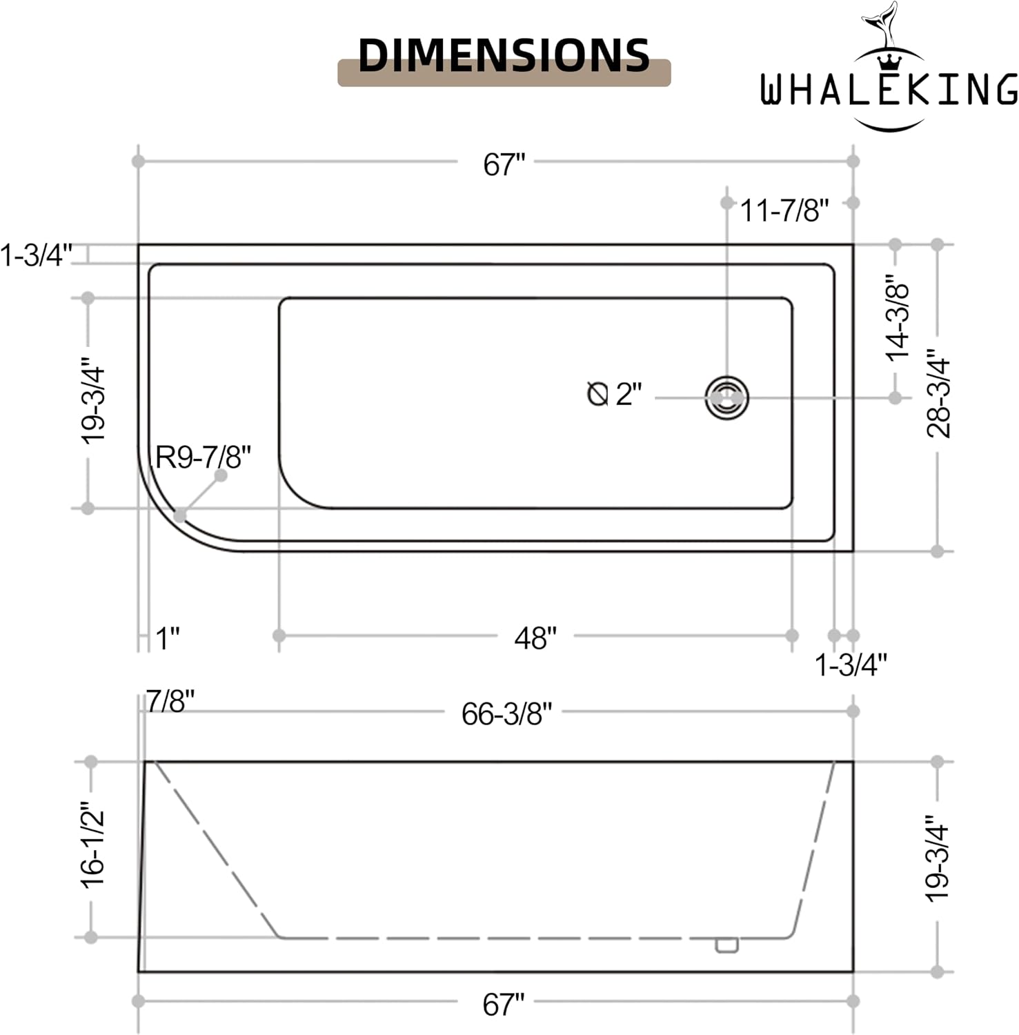 67 x 28 inch Corner Freestanding Tub Right Drain, Modern Stand Alone Deep Soaking Acrylic Bathtub with Right Hand Drain & Overflow, 67' L x 28-3/4' W Glossy White, Saving Space