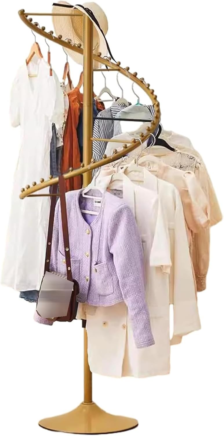 Heavy Duty Garment Rack Spiral Rotating Clothing Rack, 38 Ball Heavy Duty Clothes Displa Rack, Freestanding Metal Coat Hanger for Boutique and Bedroom, Space Saving Coat Rack, 45X180CM (Gold)
