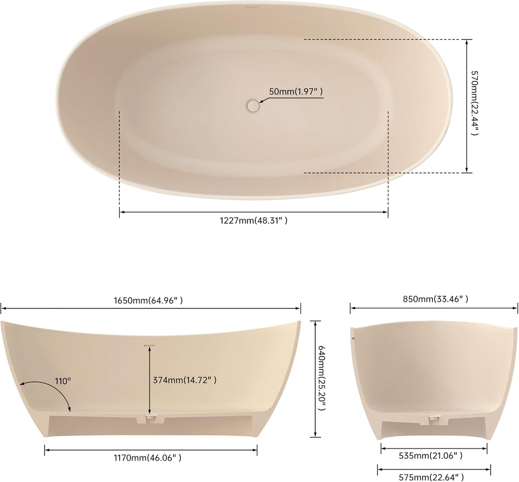 65'' Resin Stone Freestanding Bathtub, Solid Surface Free Standing Tub, Contemporary Design Soaking Tub with Pop-up Drain and Overflow, Stand Alone Tubs cUPC Certified, Latte color