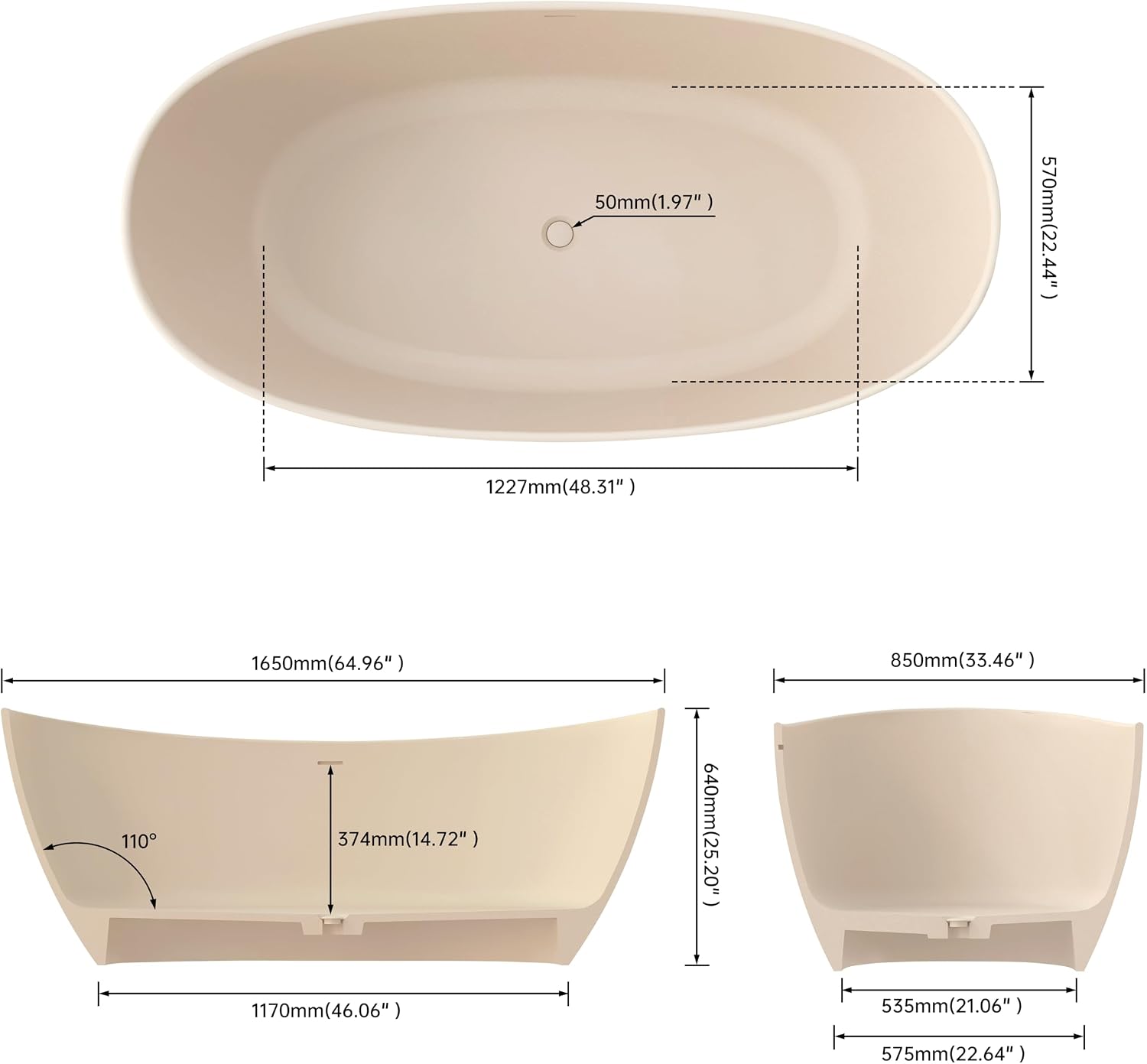 65'' Resin Stone Freestanding Bathtub, Solid Surface Free Standing Tub, Contemporary Design Soaking Tub with Pop-up Drain and Overflow, Stand Alone Tubs cUPC Certified, Latte color