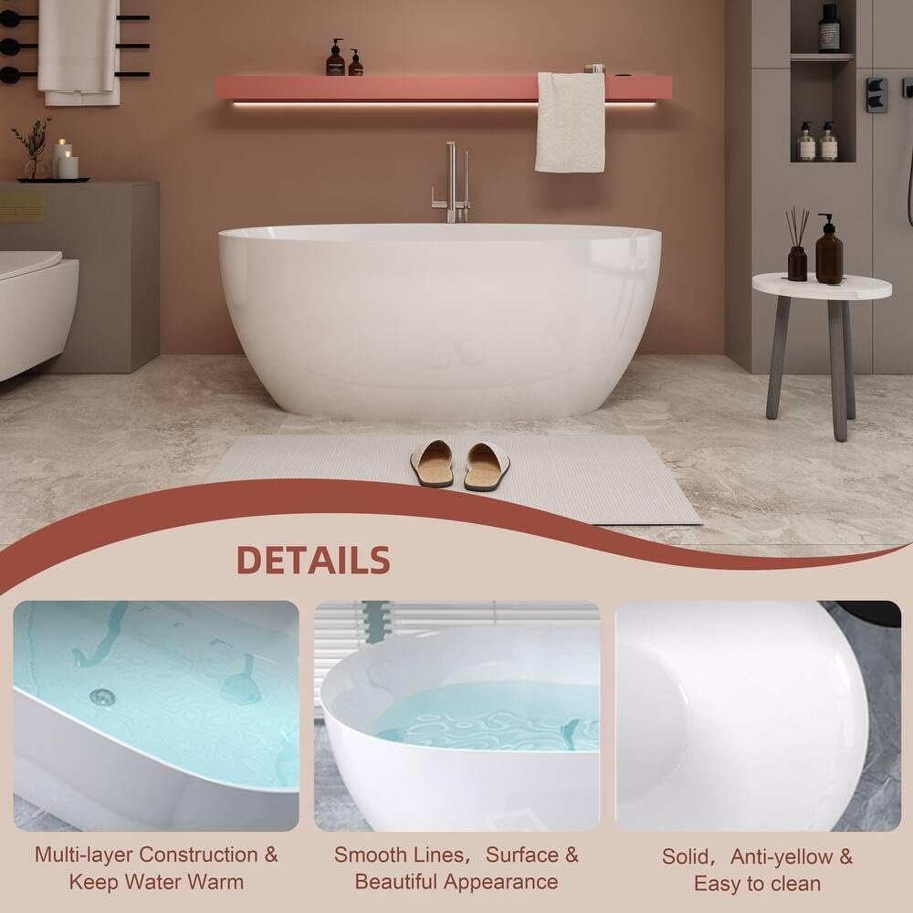 67 Inch Oval Large Soaking Bathtub, Luxury Acrylic Freestanding Stand Alone Tubs with Overflow & Chrome Drain for Bathroom Spa, Glossy White, 67''x28''