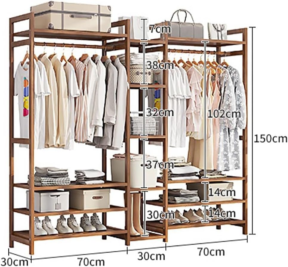 Floor-Standing Solid Wood Rotating Coat Rack，Natural Bamboo Coat Rack Stand with Hanging Rod, 2 Shelves & Hooks - Freestanding Garment Rack for Bedroom, Hallway & Entryway - Eco-Friendly, St