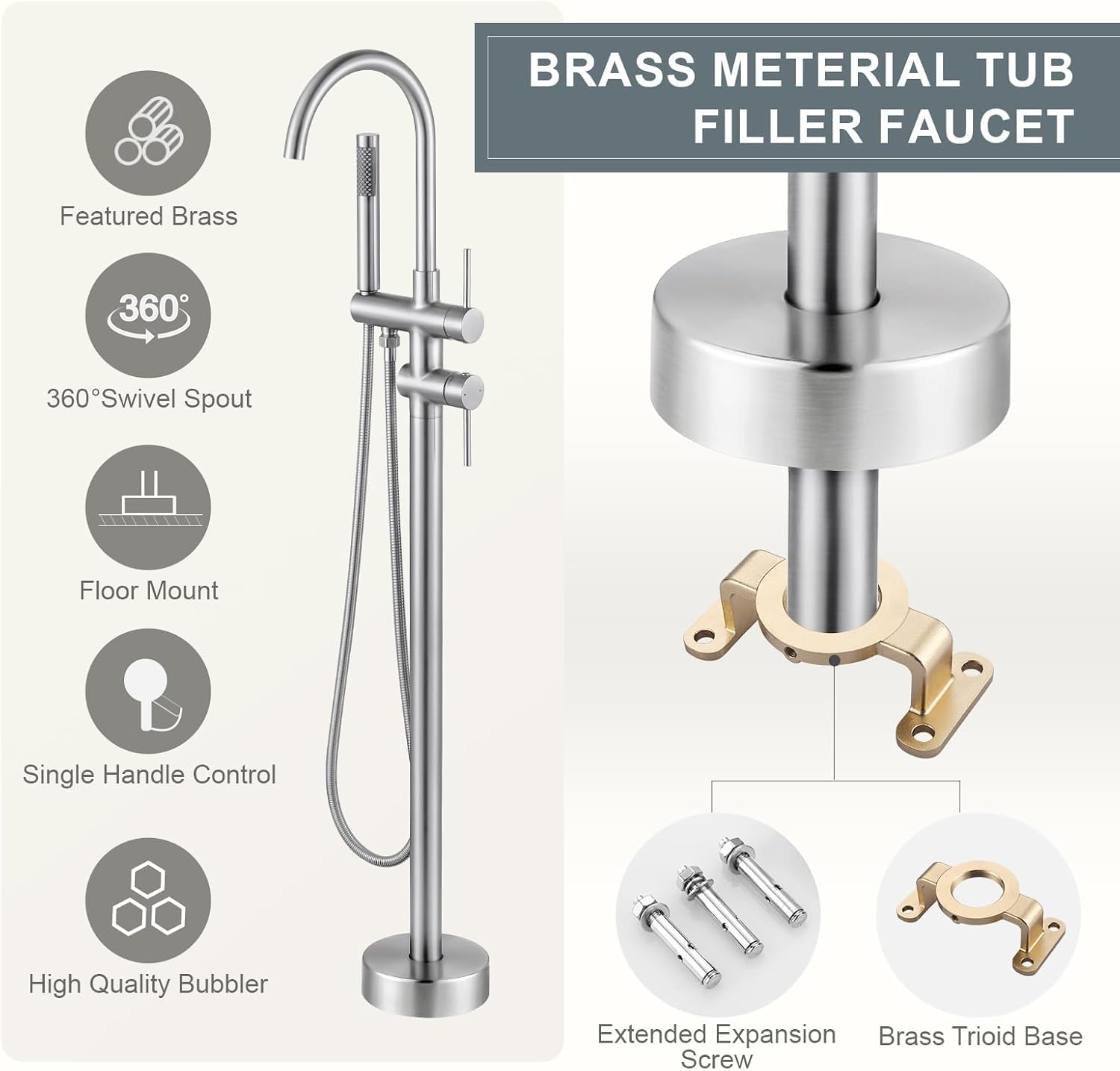 Freestanding Tub Filler Faucet, Floor Mount Brushed Nickel Bathtub Faucet with Single Handheld Shower, Brass Shower Tub Faucet Set Complete, Bathtub Faucet with Shower