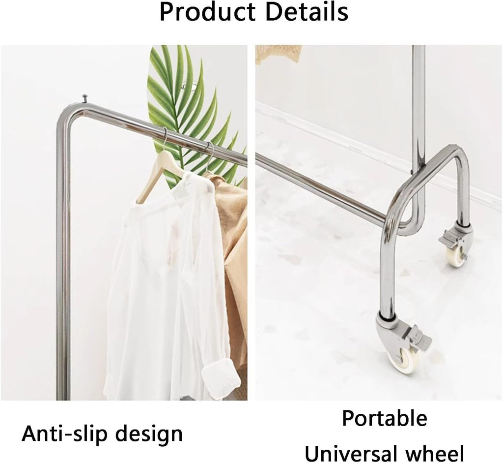 Heavy Duty Coat Rack, Garment Rack Heavy Duty Clothing Rack On Wheels Commercial Rolling Clothes Rack for Hanging Clothes Load 280lbs Silver Stainless Steel Coat Rack for Bedrooms (150X40X160CM)