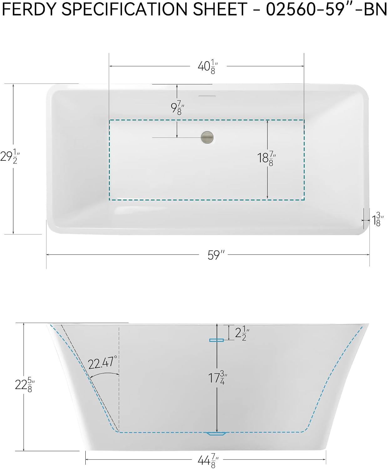FerdY Sentosa 59' Acrylic Freestanding Bathtub, Contemporary Design Soaking Tub with Brushed Nickel Drain& Bath Pillow for Bathtub,Thick Tub Pillows, Ergonomic Support