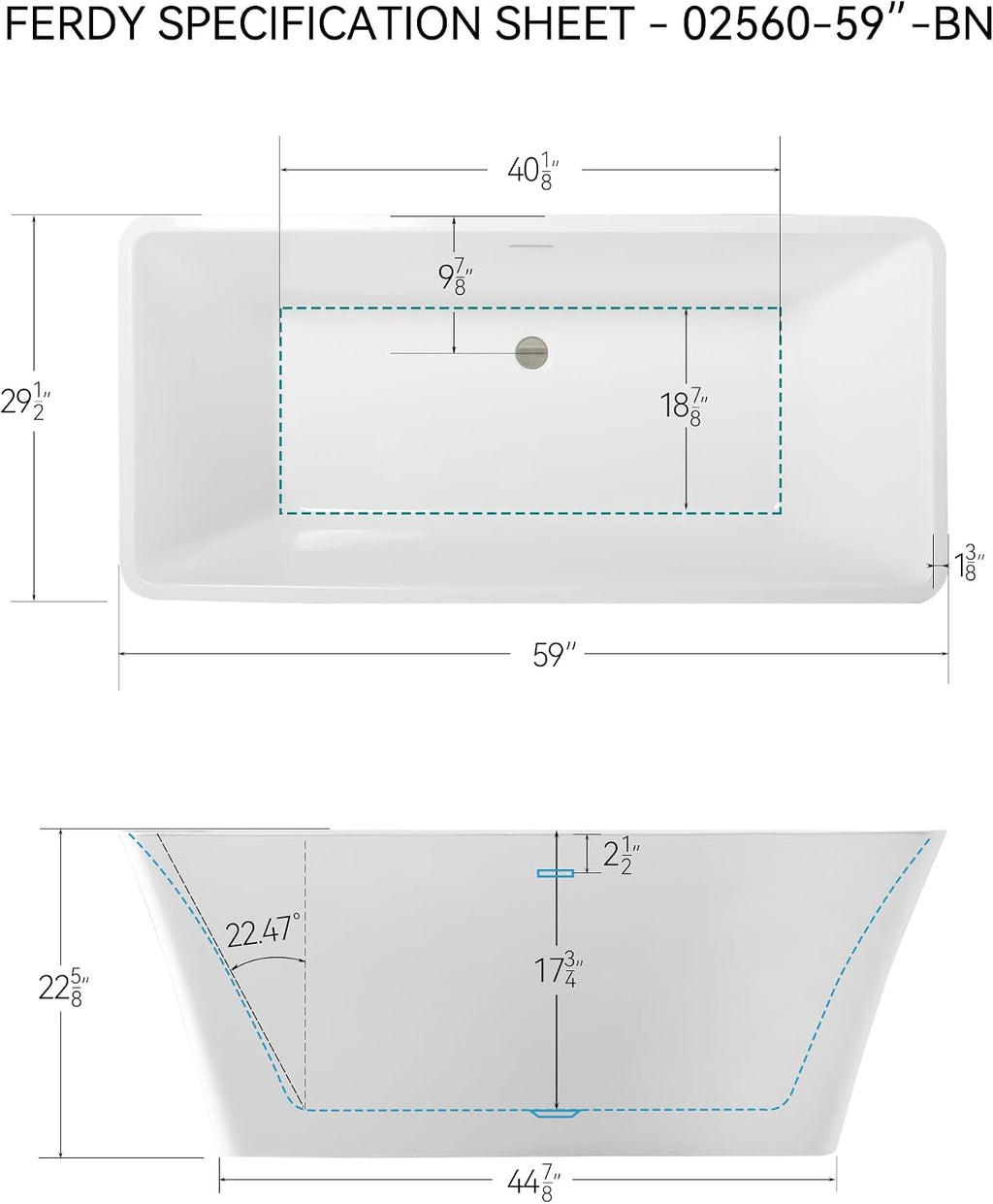 FerdY Sentosa 59' Acrylic Freestanding Bathtub, Contemporary Design Soaking Tub with Brushed Nickel Drain & Back Scrubber for Shower,Long Handled Loofah on a Stick, Soft PE Mesh Back Sponge