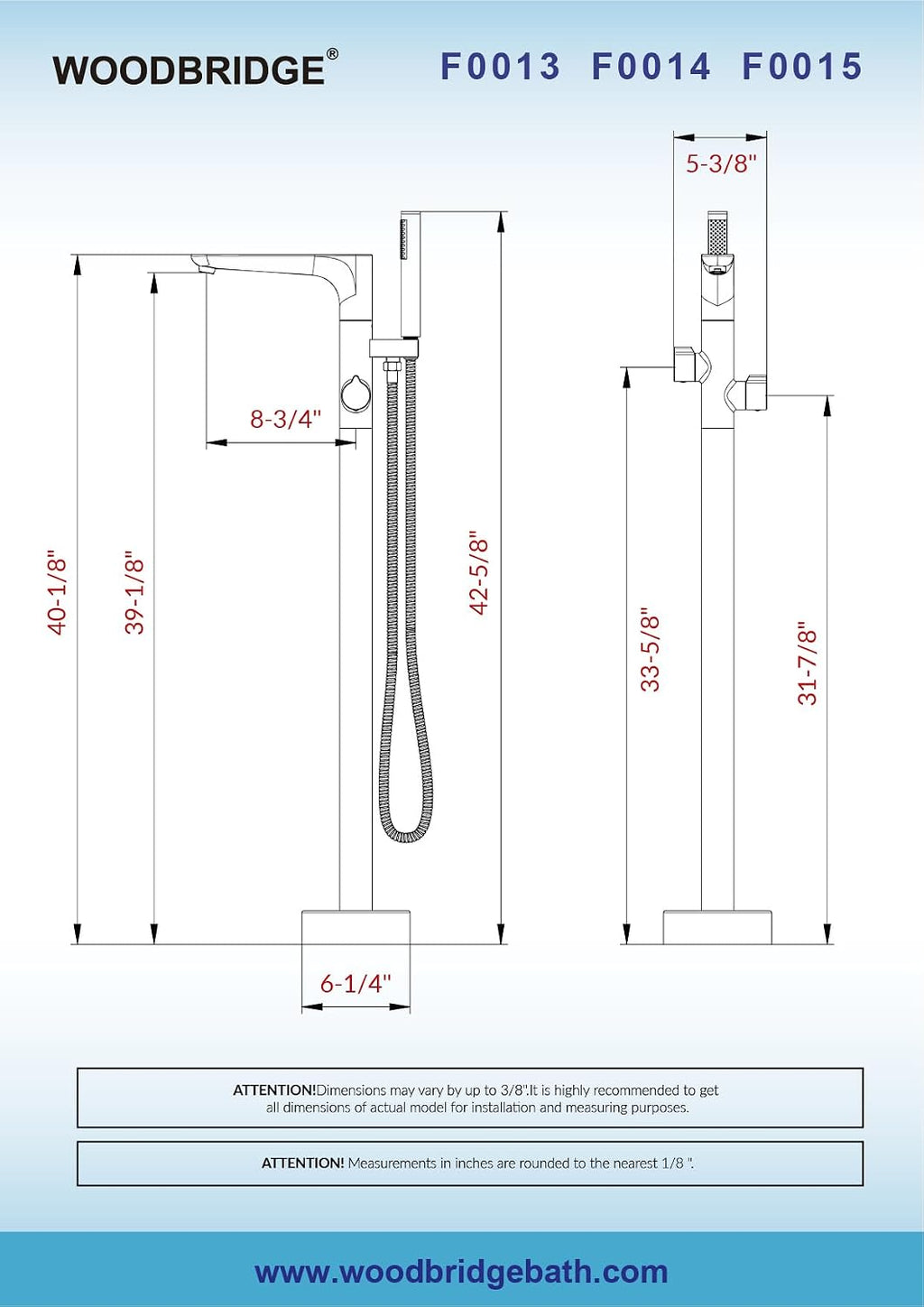 WOODBRIDGE F0015BL Contemporary Single Handle Floor Mount Freestanding Tub Filler Faucet with Hand shower in Matte Black Finish.