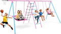 Heavy Duty Swing Sets for Backyard Kids 3-12, 700LBS 6-in-1 Outdoor Swingset for Playground with Basketball Hoop, 3 Adjustable Swings, Climbing Ladder Net - Large Metal Playset for Toddlers Children