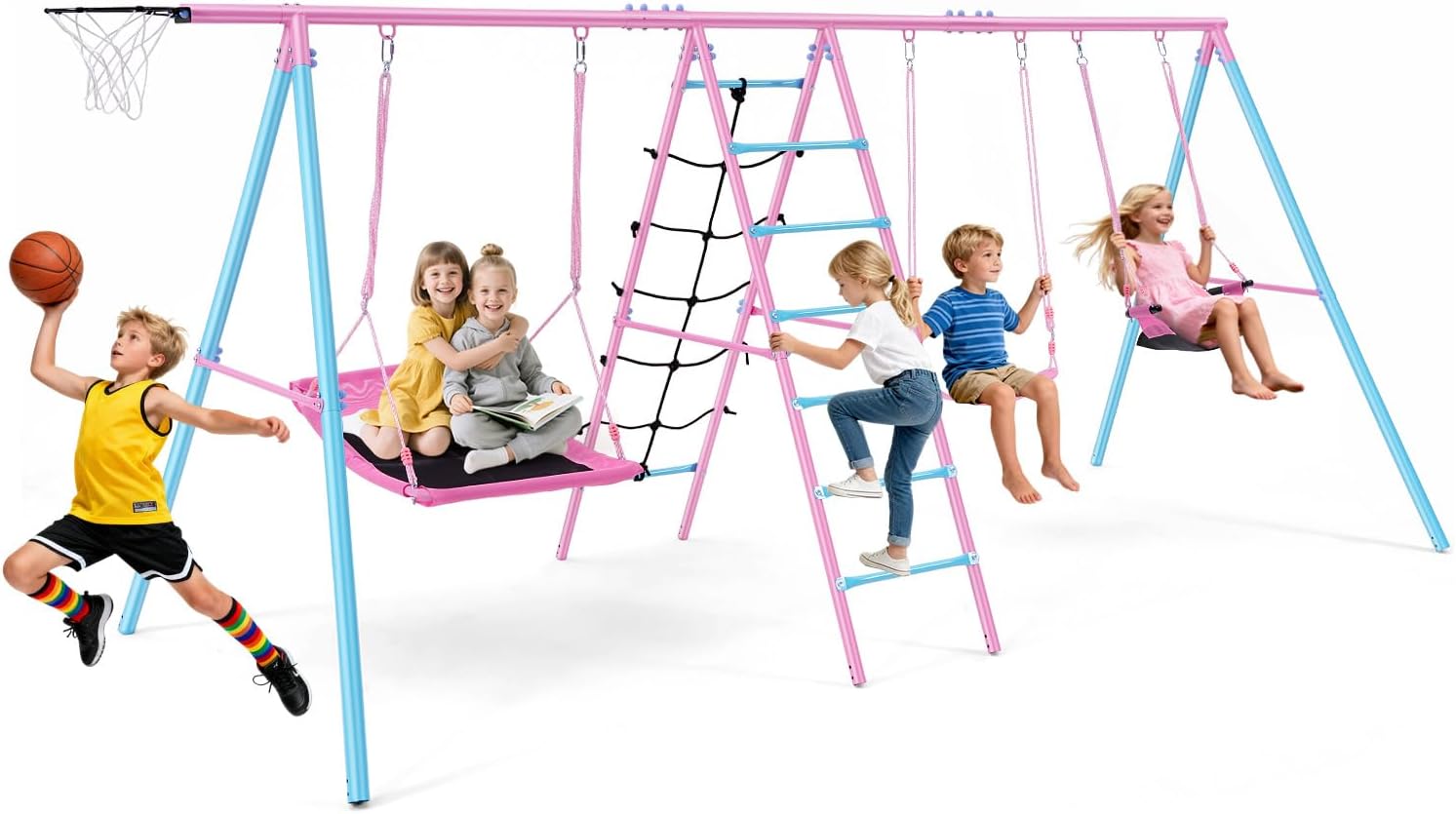 Heavy Duty Swing Sets for Backyard Kids 3-12, 700LBS 6-in-1 Outdoor Swingset for Playground with Basketball Hoop, 3 Adjustable Swings, Climbing Ladder Net - Large Metal Playset for Toddlers Children