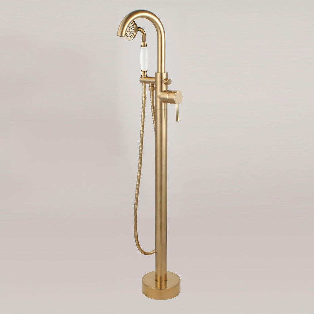 WOODBRIDGE Contemporary Single Handle Floor Mount Freestanding Tub Filler Faucet with Hand Shower in (Brushed Gold) Finish,F0007-BGVT
