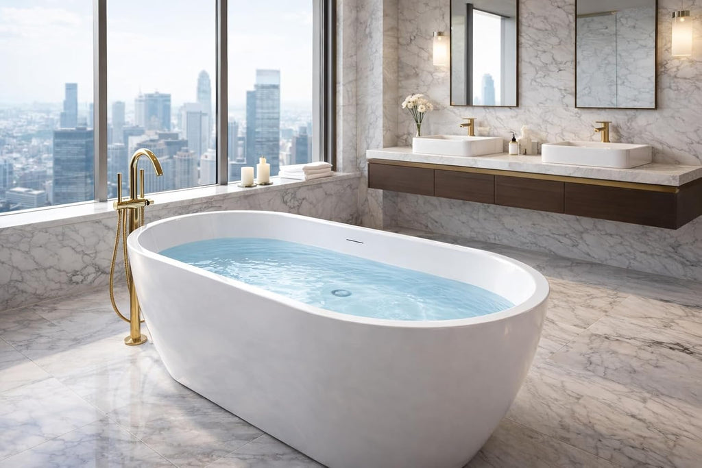 ANZZI 67 In Freestanding Acrylic Bathtub Flat Bottom Soaking Tub White Gloss Finish Integrated Overflow Modern Bathroom Mone Series 66.5 x 29.1 x 22.4 In Capacity 63.4 Gal | AMZFT903-67