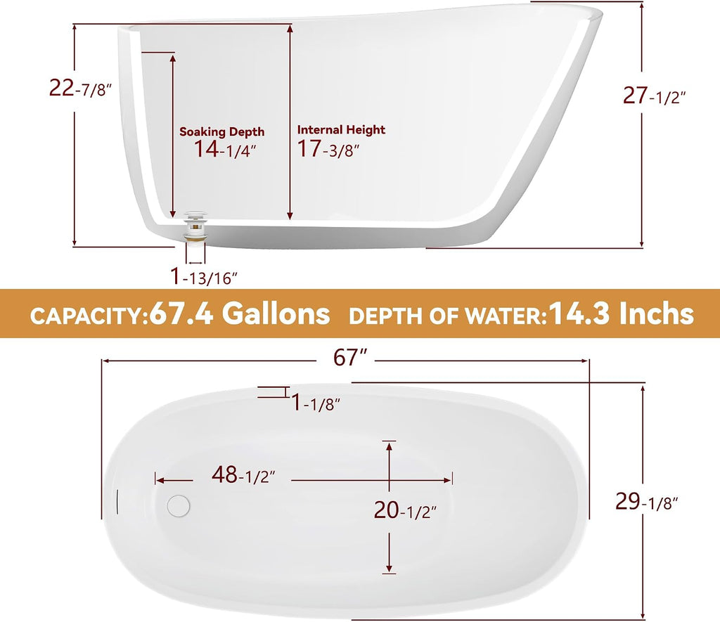 67' Free Standing Tub, Pure Acrylic Freestanding Bathtub, Stylish Stand Alone Tub, Contemporary Deep Soaking Bath Tub, cUPC Certified SY9970 (Glossy White)