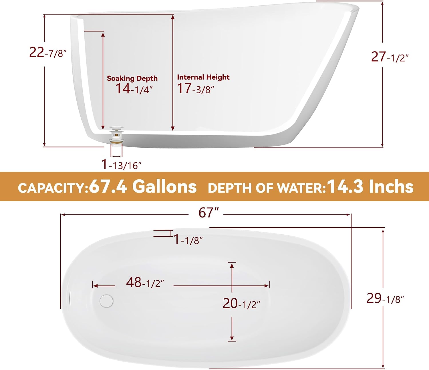 67' Free Standing Tub, Pure Acrylic Freestanding Bathtub, Stylish Stand Alone Tub, Contemporary Deep Soaking Bath Tub, cUPC Certified SY9970 (Glossy White)