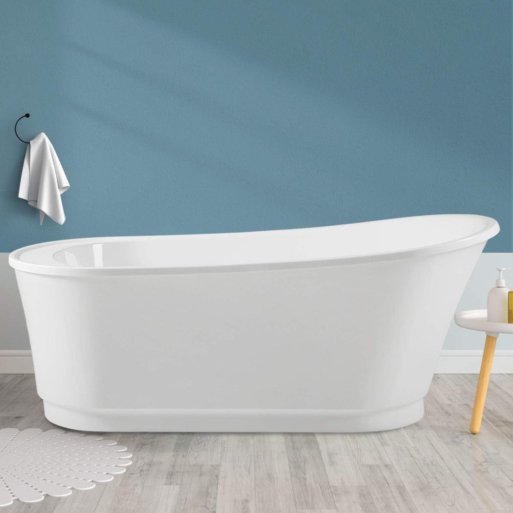 FerdY Langkawi 67' Acrylic Freestanding Bathtub, White Modern Stand Alone Soaking Bathtub, cUPC Certified, Brushed Nickel Drain and Minimalist Linear Design Overflow Included, Easy to Install