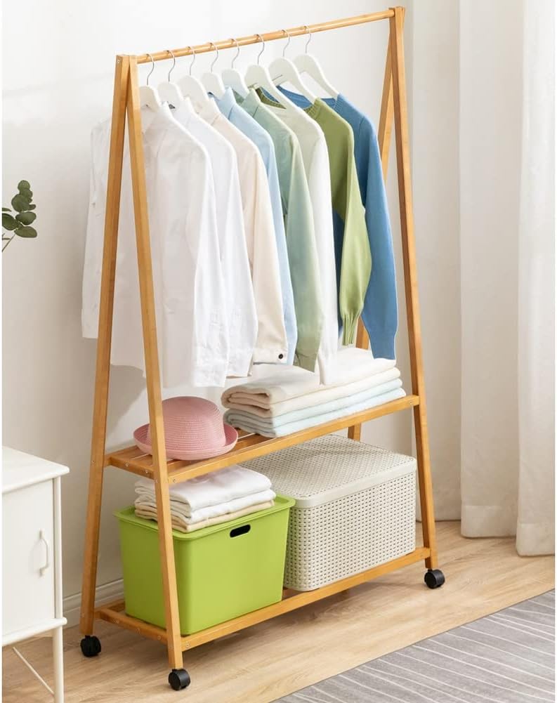 MZP Single Rod Clothes Garment Rack Rolling Clothing Organizer Shelf with Wheels Open Wardrobe Closet Coat Stands with 2 Shelves for Bedrooms Hallway Entryway (Color : Brown, Size : 55X33X150cm)