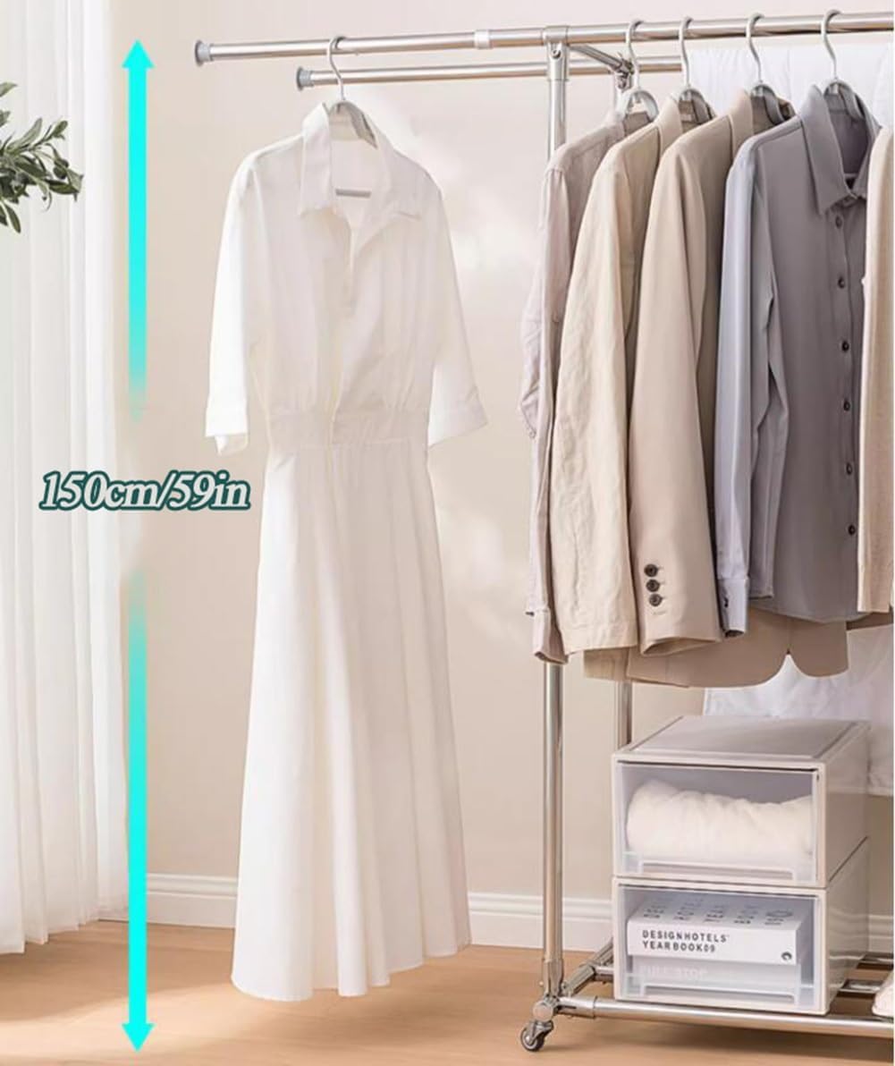 Double Clothes Garment Rack with Wheels, Extendable Rod, Heavy Duty Clothes Rail with Bottom Shelf and 4 Casters, Rolling Clothing Rack for Hanging Clothes, Load 100kg