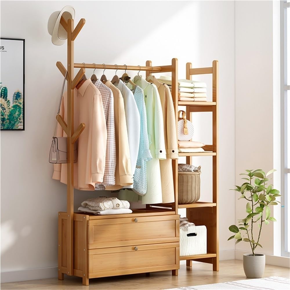 Modern Wooden Clothing Rack with Locker Door & 6 Hooks, Freestanding Coat Rack for Bedroom, Study, Dining Room, Dormitory - Stylish Space-Saving Solution (Yellow, 27.6'x11.8'x62.2')