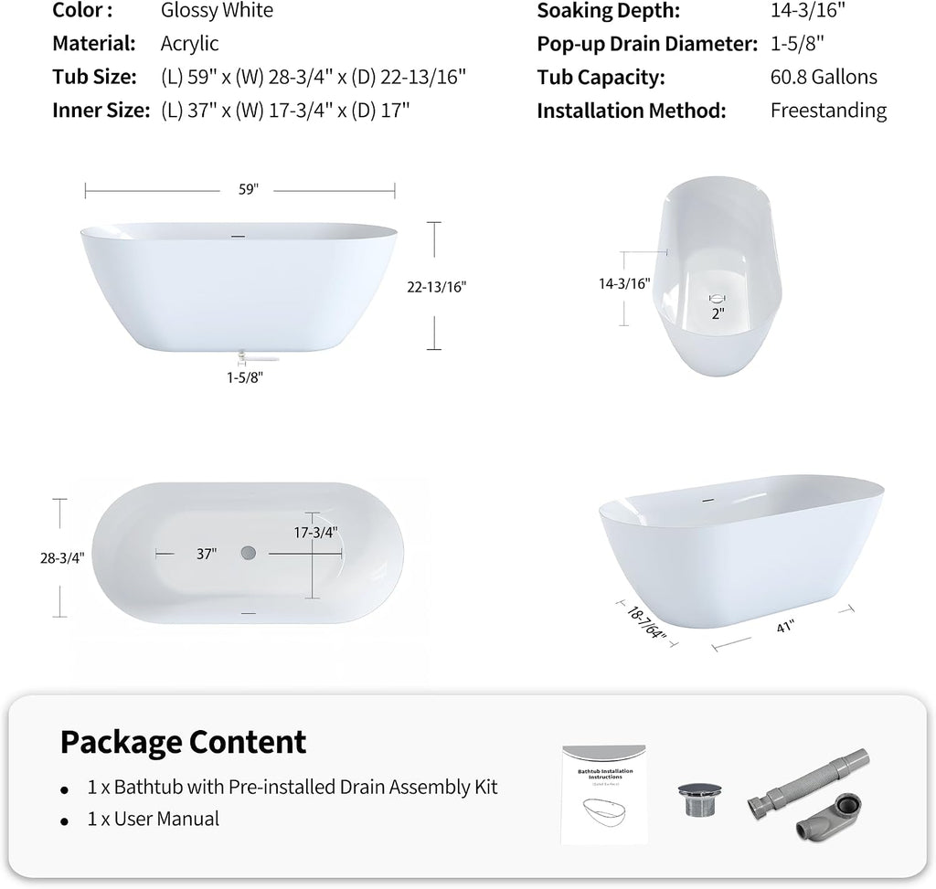 60' Acrylic Freestanding Bathtub, Oval Deep Soaking Bathtub with Center Pop up Drain Integrated Overflow, Stand Alone Bath Tub for Bathroom Spa or Home Upgrade, Glossy White GF 26A09 60