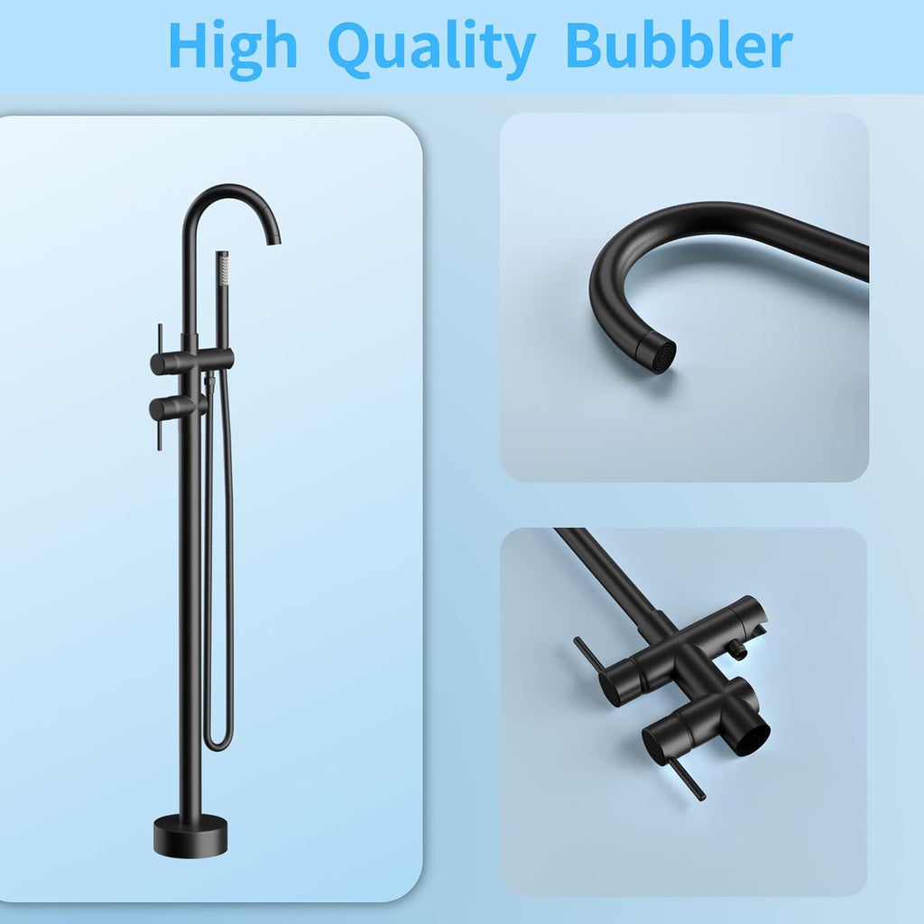 Freestanding Bathtub Faucet,Tub Filler Floor Mount Stand Bathtub Faucet Brass Bathroom Tub Faucets with 2 Function Hand Shower Wand Swivel Matte Black