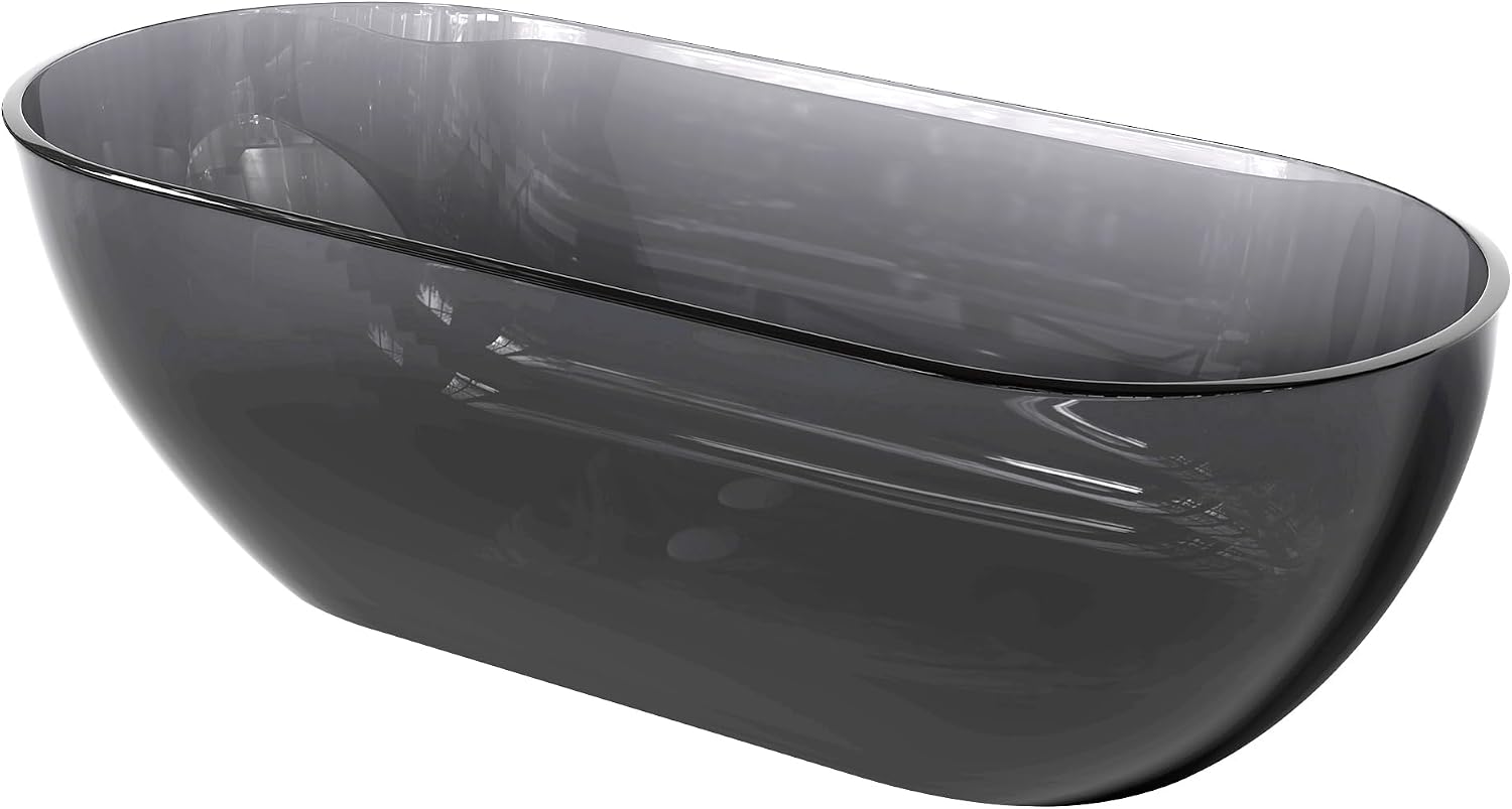 69' Freestanding Solid Surface Resin Stone Bathtub, Modern Design Stand Alone Tub with Drain, Transparent Gray 307TG1750