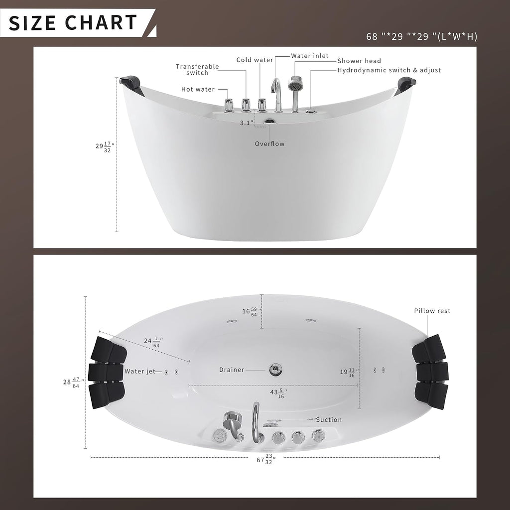 Empava Whirlpool Bathtub, 67-Inch Freestanding Bathtub Oval with 8 Hydromassage Adjustable Water Jets Luxury Acrylic Massage SPA Soaking Bath Tub in Double Ended, White