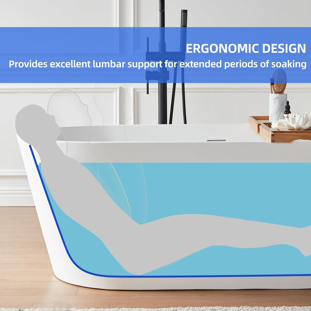 Cpingao 59' Solid Surface Freestanding Bathtub, Contemporary Oval Stone Resin Soaking Stand Alone Tub, Matte White, Drain & Overflow Included 8816-1500