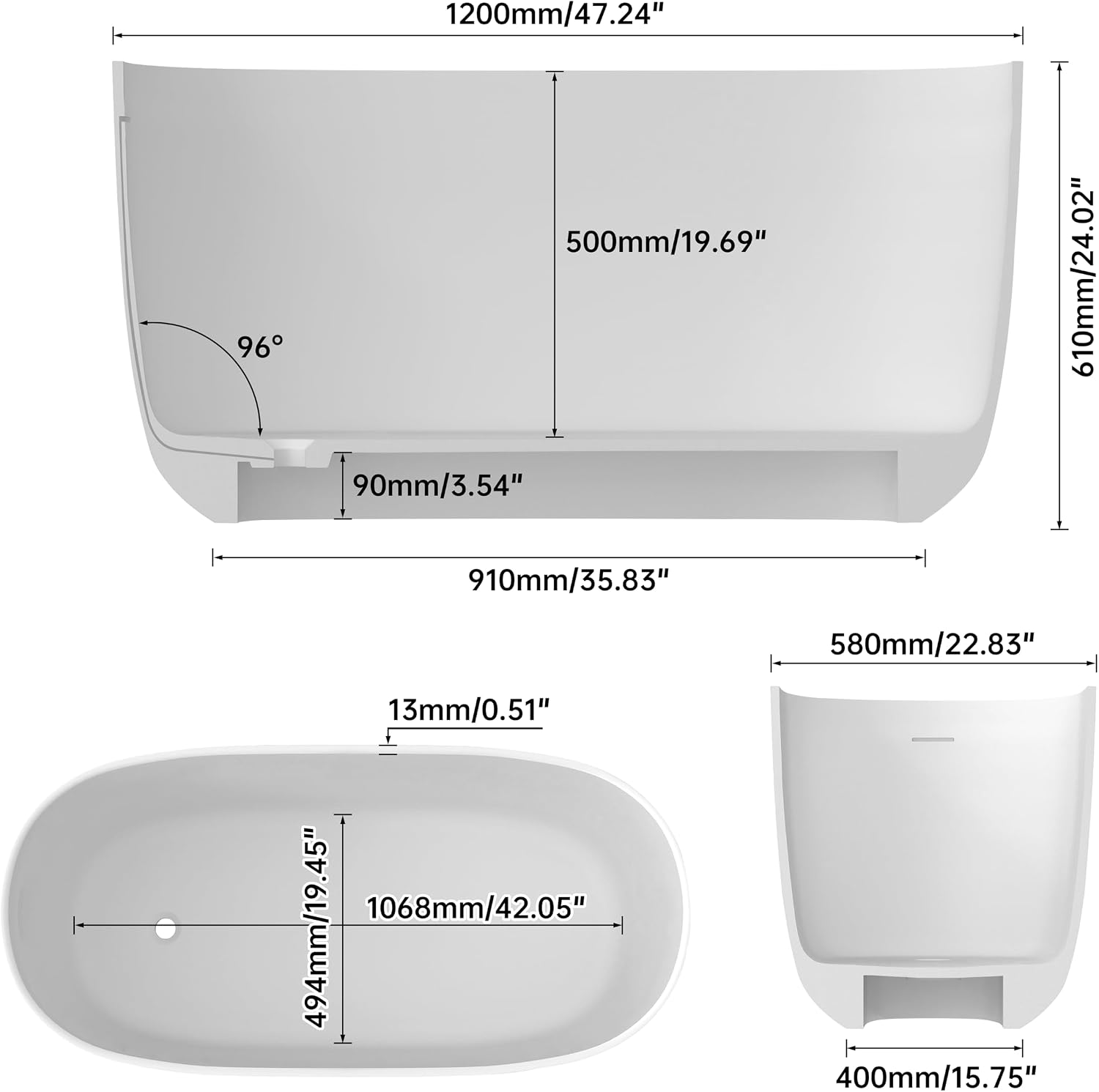 47' Stone Resin Freestanding Bathtub, Oval Solid Surface Bathroom Freestanding Tub, Thin Edge Stand Alone Tub with Integrated Slotted Overflow and Pop-up Drain, Matte White AMG025-1200