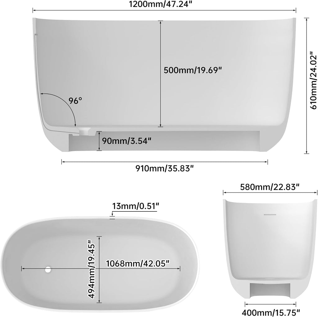 SJ STAR&JANE 47' Solid Surface Freestanding Bathtub Modern Stone Resin Oval Soaking Tub with Side Drain in Matte White