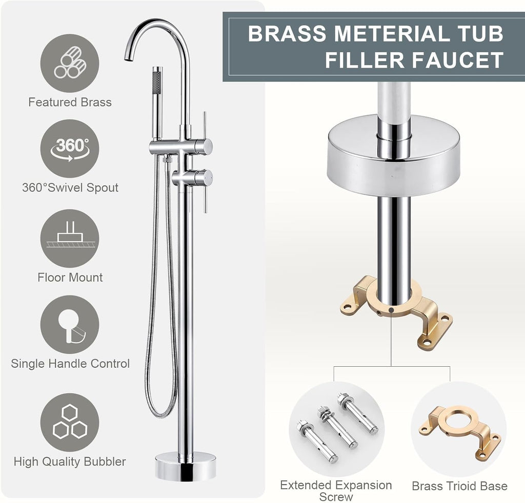 Freestanding Tub Filler Faucet, Floor Mount Chrome Bathtub Faucet with Single Handheld Shower, Brass Shower Tub Faucet Set Complete, Bathtub Faucet with Shower