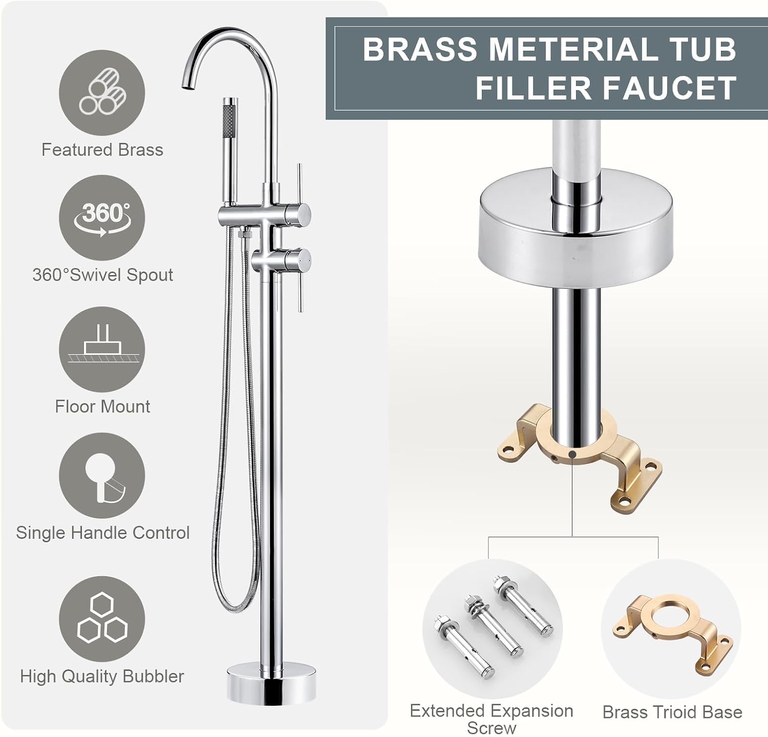 Freestanding Tub Filler Faucet, Floor Mount Chrome Bathtub Faucet with Single Handheld Shower, Brass Shower Tub Faucet Set Complete, Bathtub Faucet with Shower
