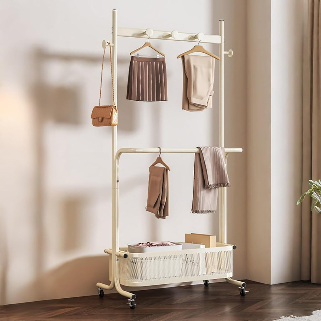 Clothes Racks For Hanging Clothes With Wheels,Garment Rack With Storage Shelves And Coat/Hat Hooks,Freestanding Rolling Clothing Organizer For Bedroom Living Room(White,60cm(23.6in))
