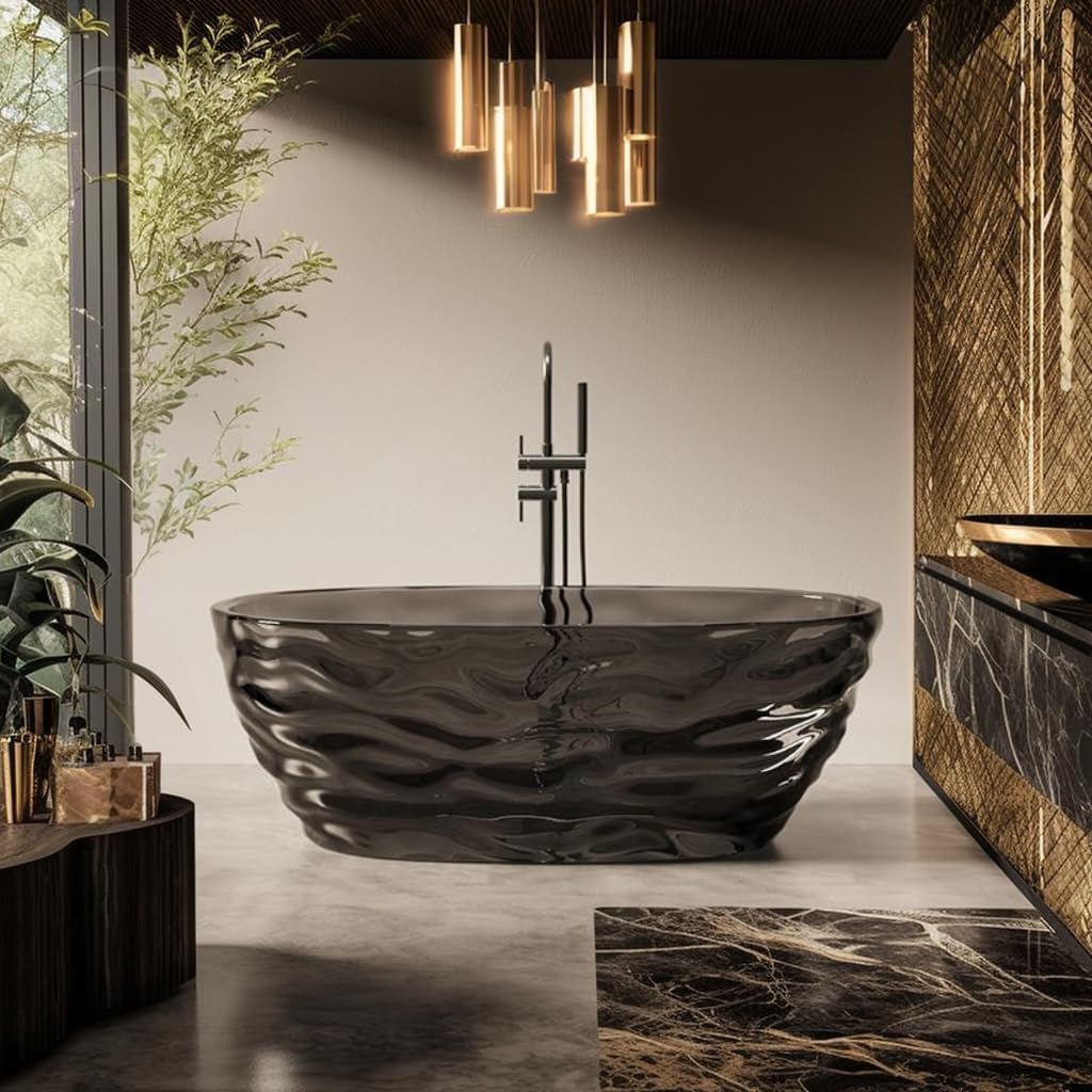 Cpingao 66' Resin Transparent Freestanding Bathtub, Contemporary Oval Stand Alone Tubs, Translucent Resin Freestanding Bath Tub 1670 MM with Drain Black 8851-1700-BK