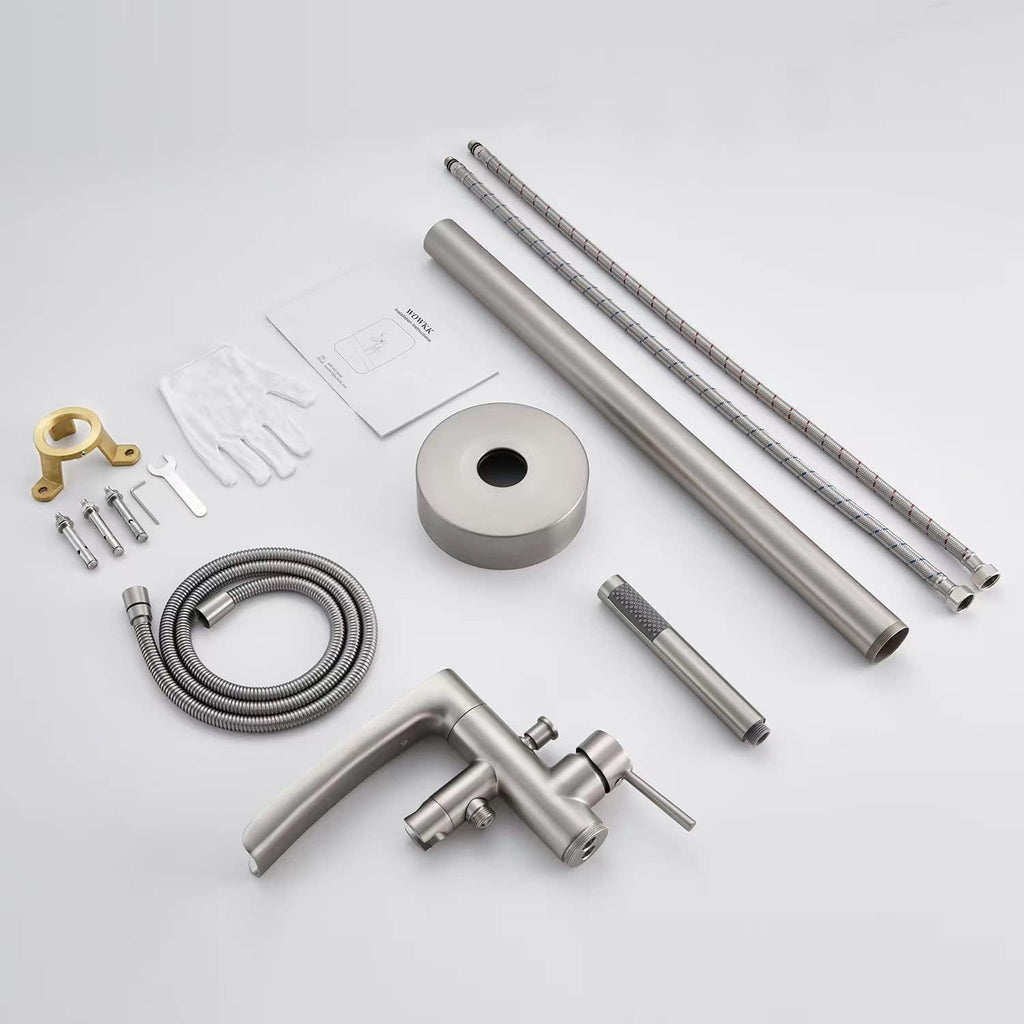 Wowkk Waterfall Freestanding Bathtub Faucet Brushed Nickel Floor Mount Tub Filler Brass Single Handle Bathroom Faucets with Hand Shower