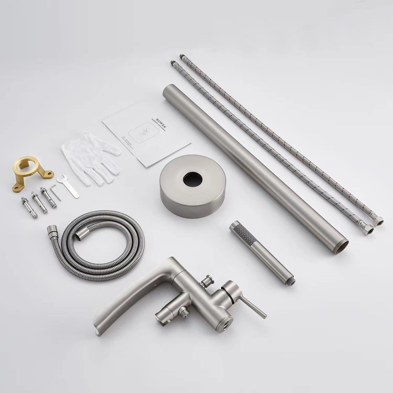 Wowkk Waterfall Freestanding Bathtub Faucet Brushed Nickel Floor Mount Tub Filler Brass Single Handle Bathroom Faucets with Hand Shower